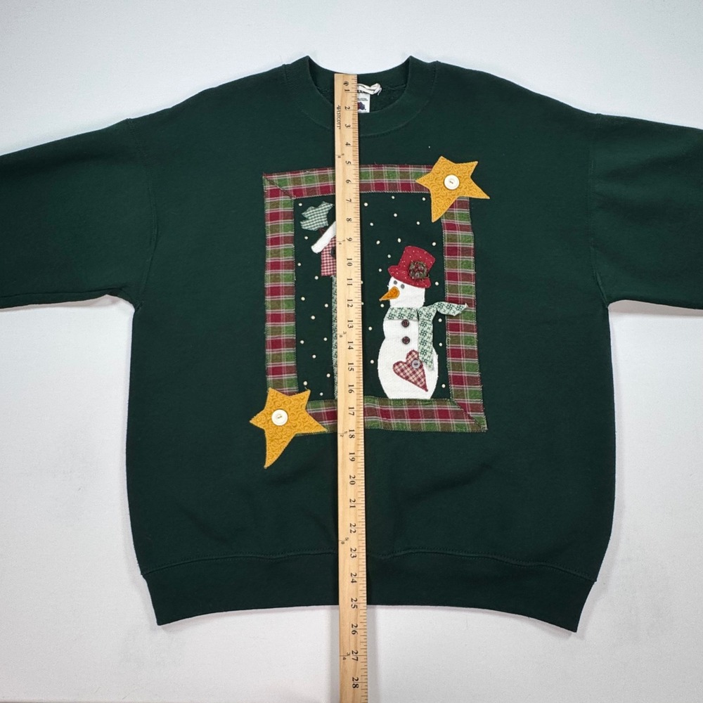 Vintage Fruit of the Loom Snowman Christmas Sweatshirt Green Large Made in USA - Picture 9 of 10